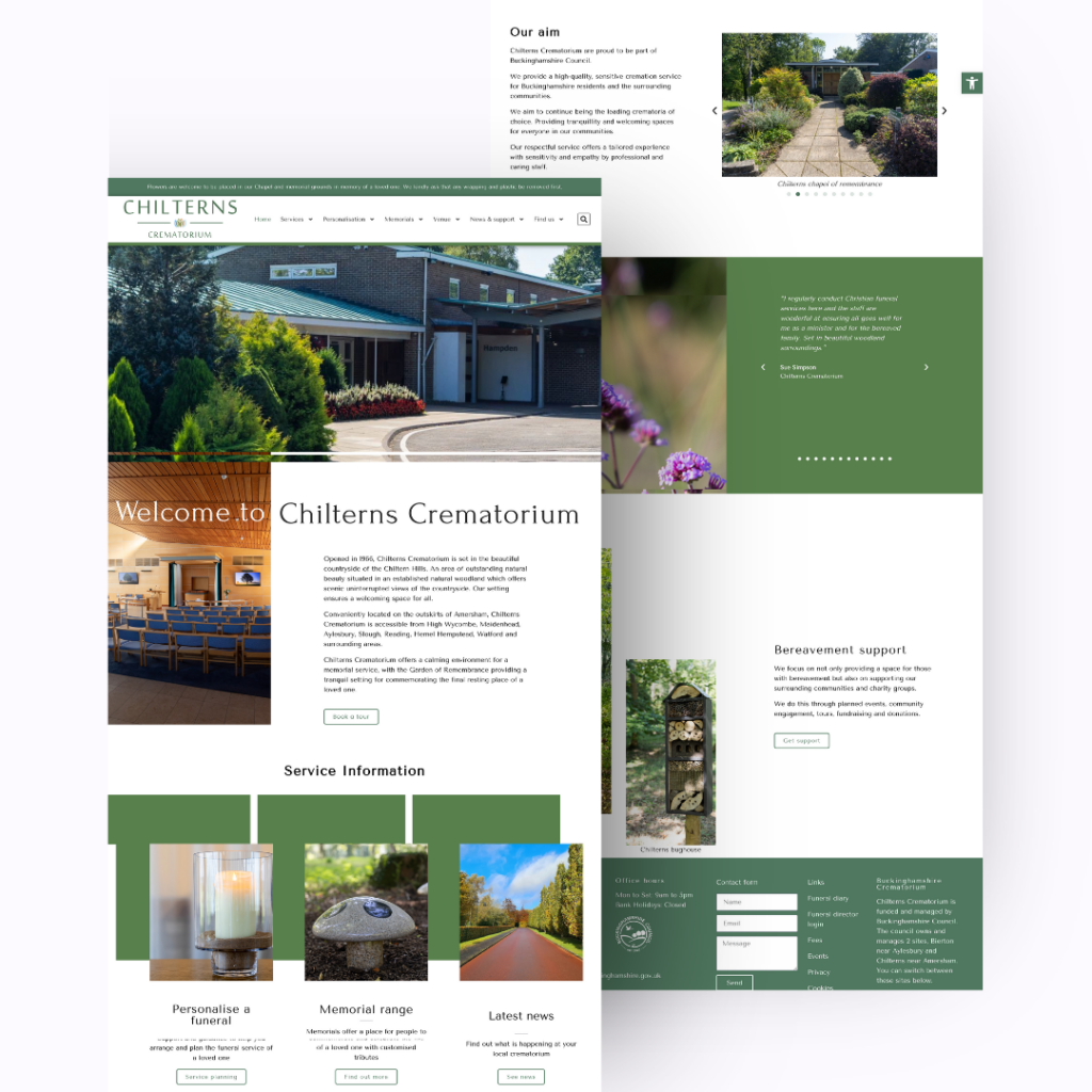 A screen grab of the Chilterns home page. It includes a green and white design with images.