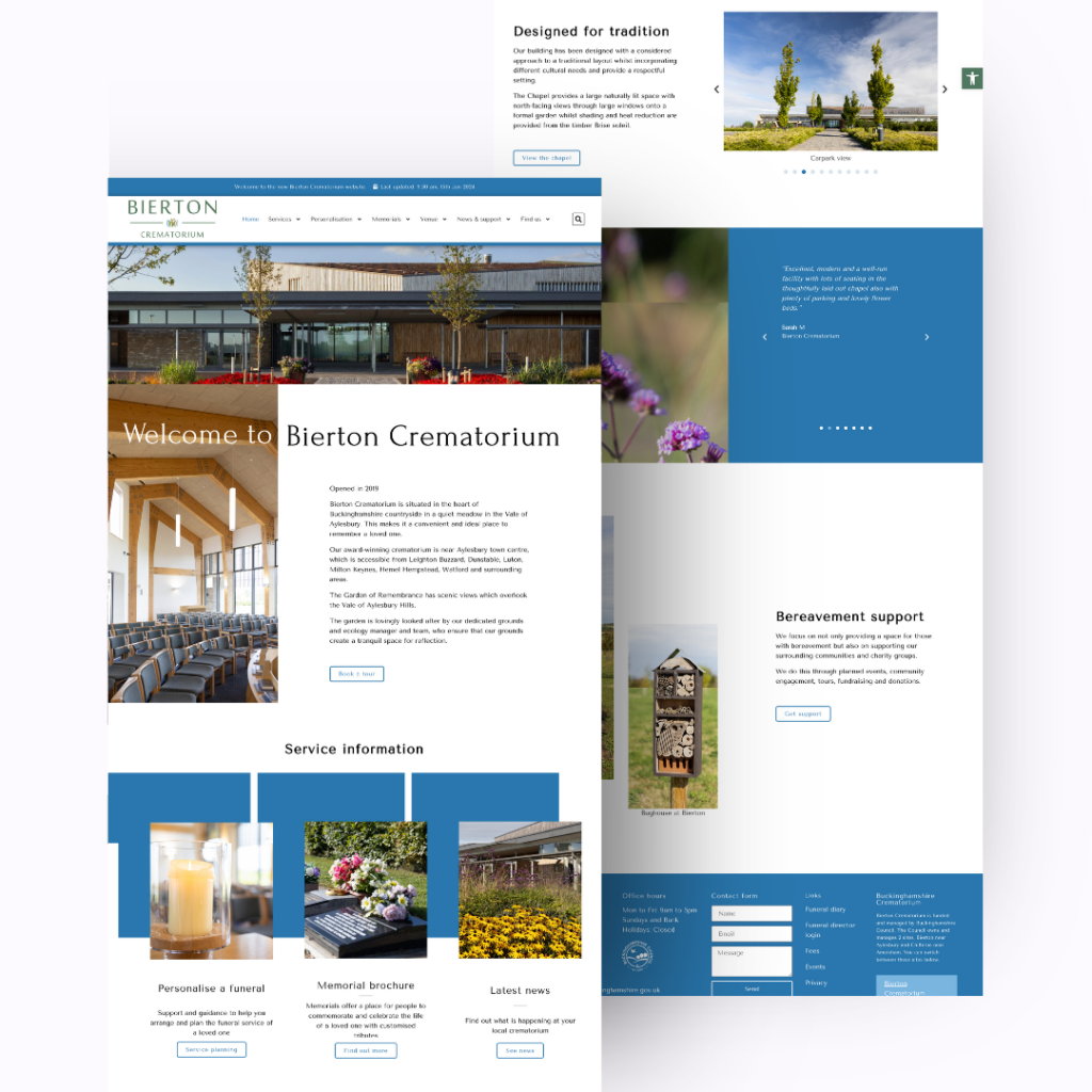 A screen grab of the Bierton home page. It includes a blue and white design with images.